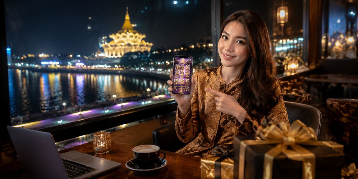 Pengguna mudah alih Kuching bermain slot di base44 melalui telefon pintar pada waktu petang